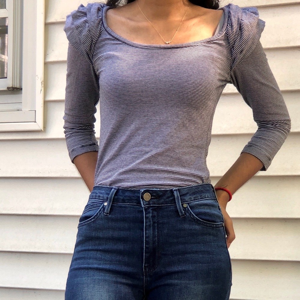 Ruffle sleeve blue striped top H&M